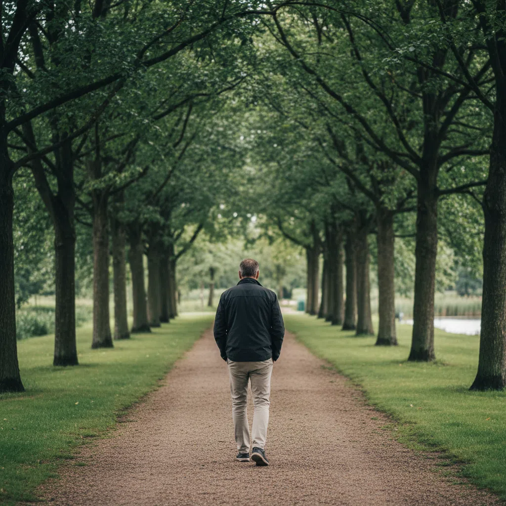 Anonieme man wandelt in een groen park - dagelijkse beweging als onderdeel van welzijnsroutine