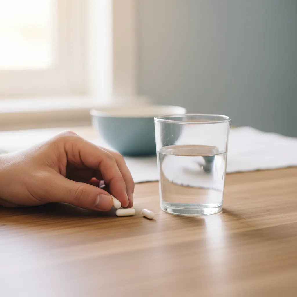 Handen plaatsen twee witte capsules naast een glas water op een houten ontbijttafel